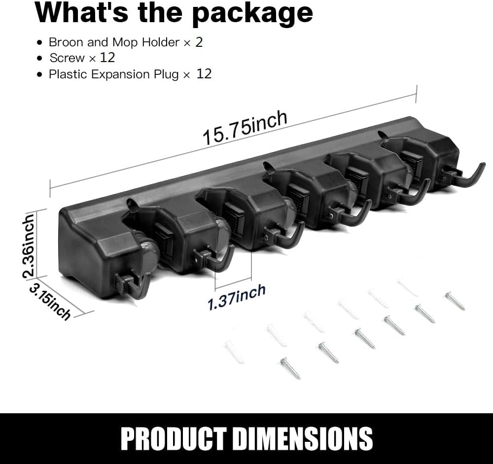 IMILLET Mop & Broom Holder – 2 Pack Wall Organizer (Black)