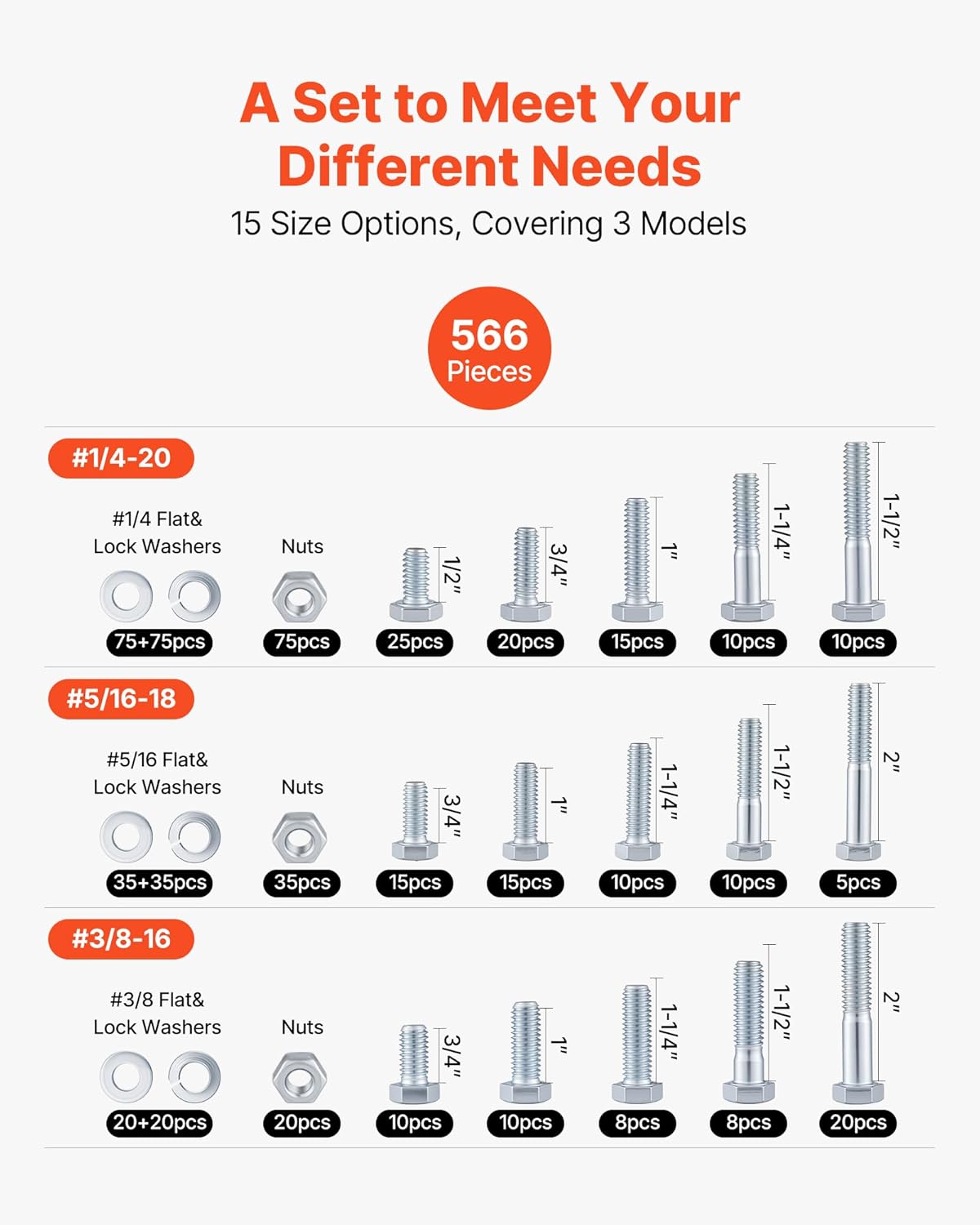 VEVOR 566-Piece Bolts, Nuts & Washers Assortment Kit