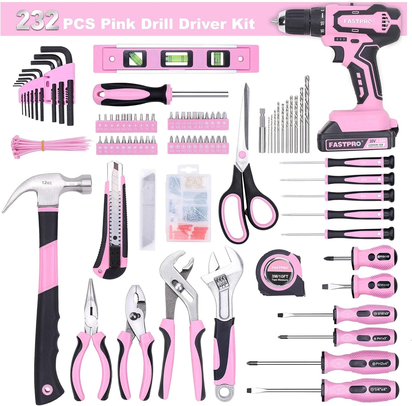 ✨ 232-Piece 20V Cordless Drill & Home Tool Set – Pink Edition | Complete DIY & Repair Kit with Storage Bag (AlluraMart UAE)